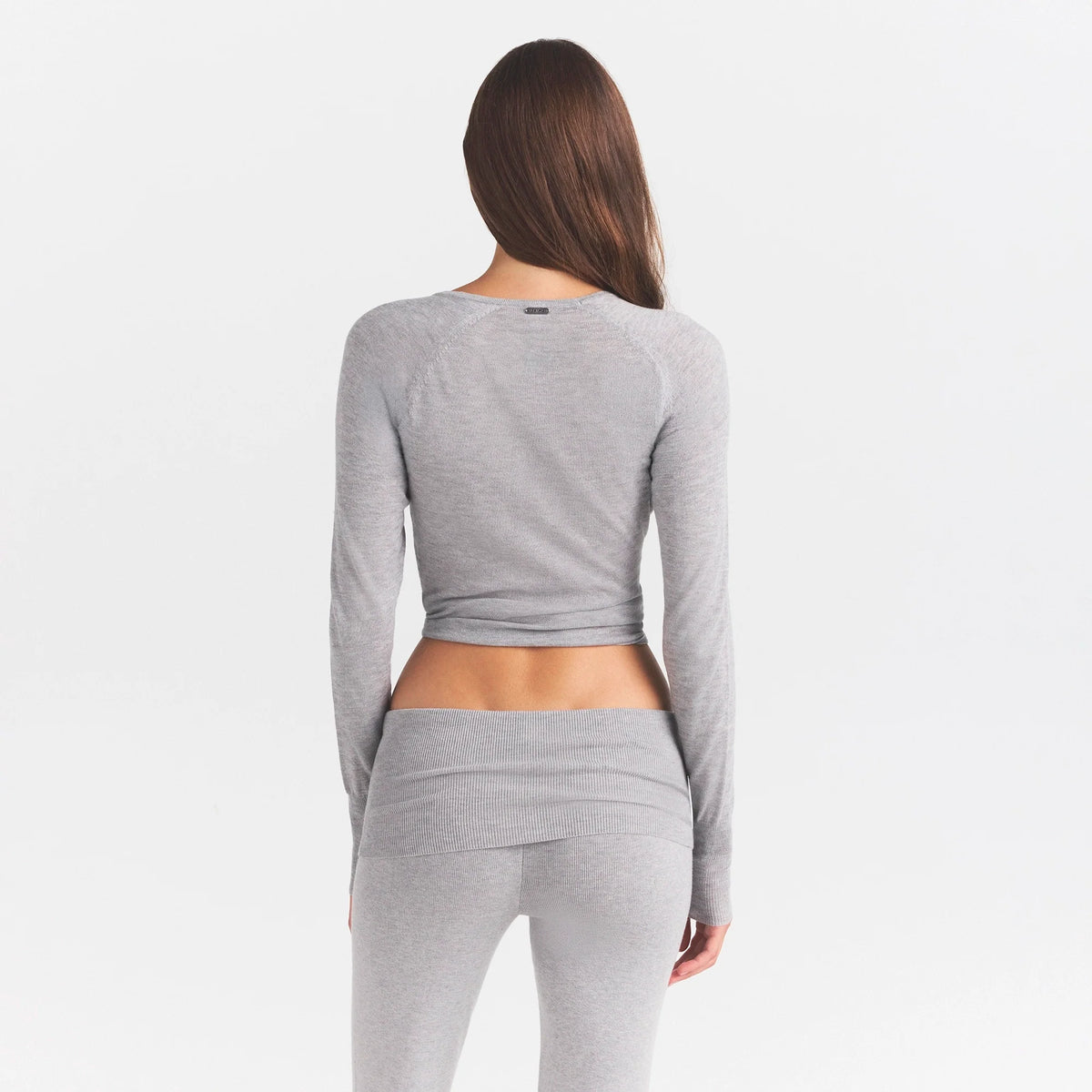 ESSENTIAL KNIT WRAP SWEATER | MID HEATHER GREY & LAYS FLAT ON A WHITE BACKGROUND | FLT