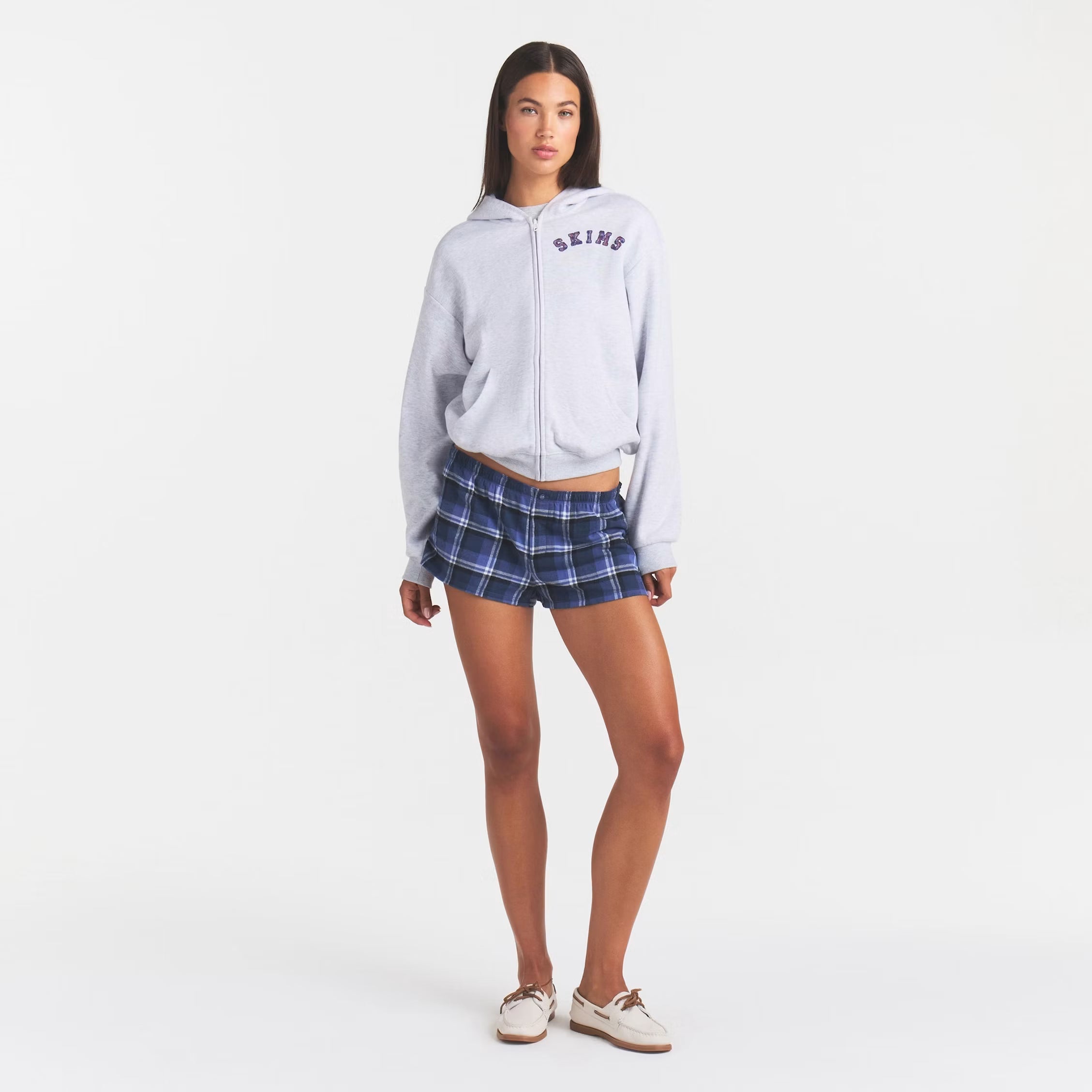 COTTON FLEECE CLASSIC ZIP UP HOODIE | LIGHT HEATHER GREY ARCHED SKIMS PLAID