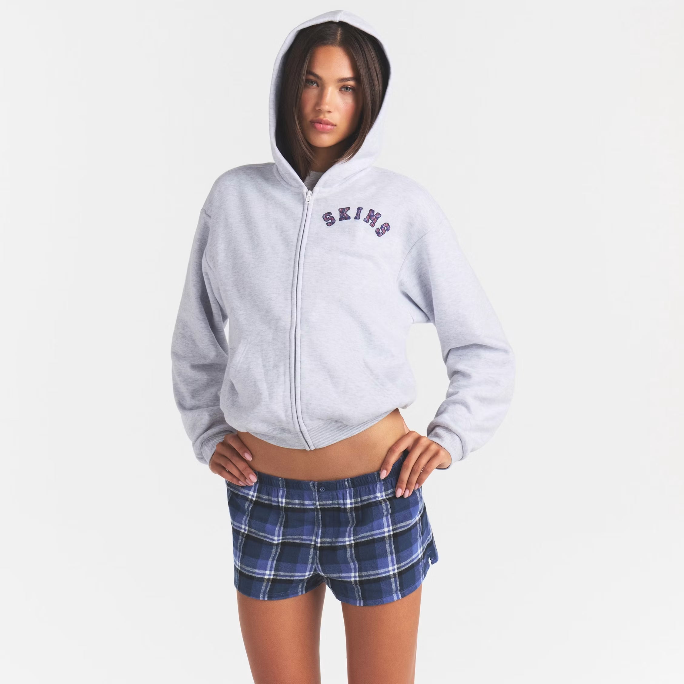 COTTON FLEECE CLASSIC ZIP UP HOODIE | LIGHT HEATHER GREY ARCHED SKIMS PLAID