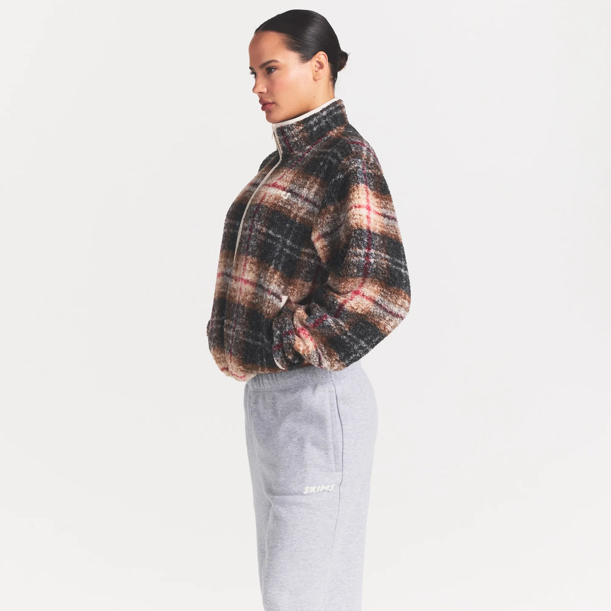 TEDDY BOXY ZIP UP JACKET | SIENNA HERITAGE PLAID ON A MODEL SIDE VIEW @ | FOCUS: 0.0, 1.0, 0.9