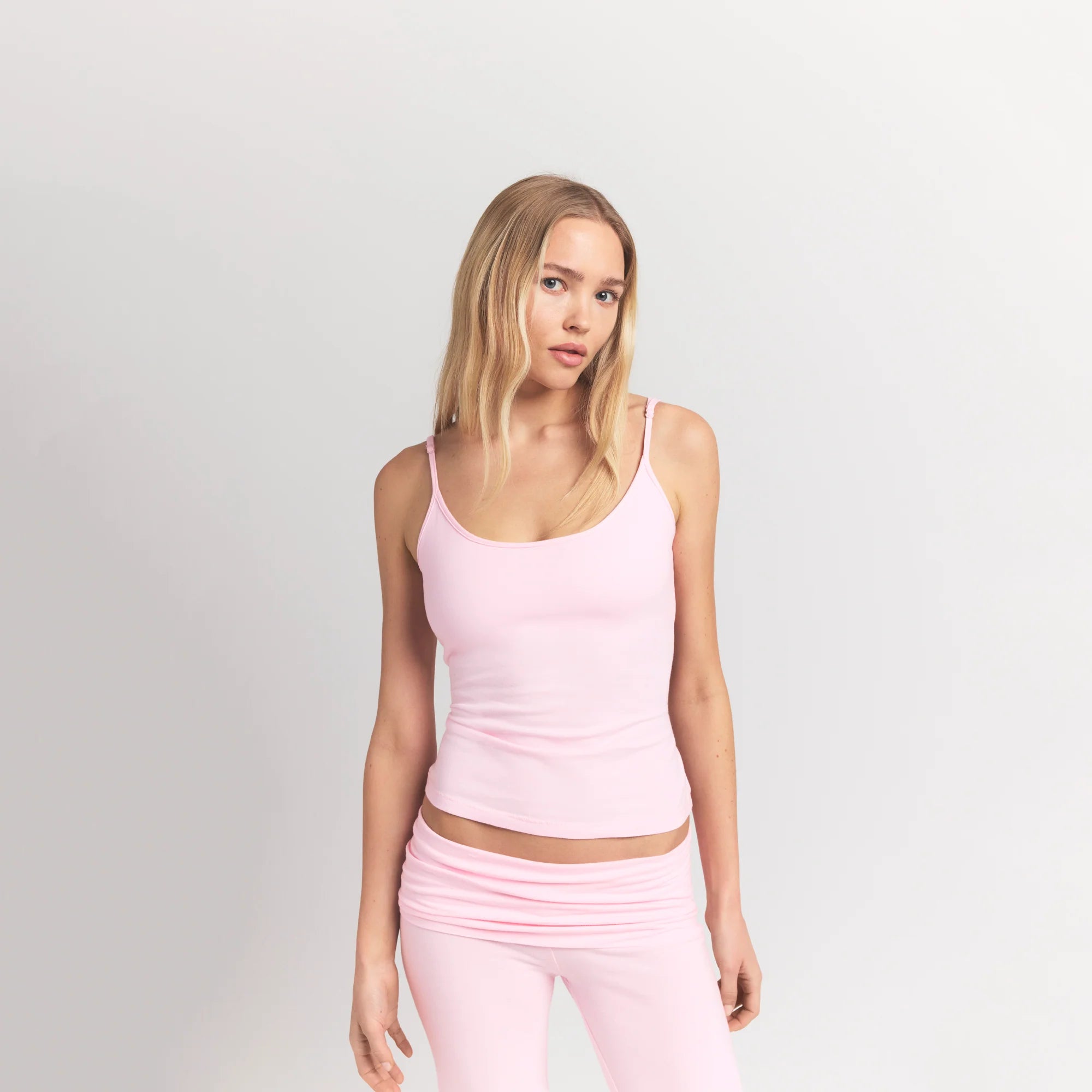 COTTON JERSEY SCOOP NECK CAMI | CHERRY BLOSSOM ON A MODEL FRONT VIEW @ | FOCUS: 0.9, 0.1, 0.7