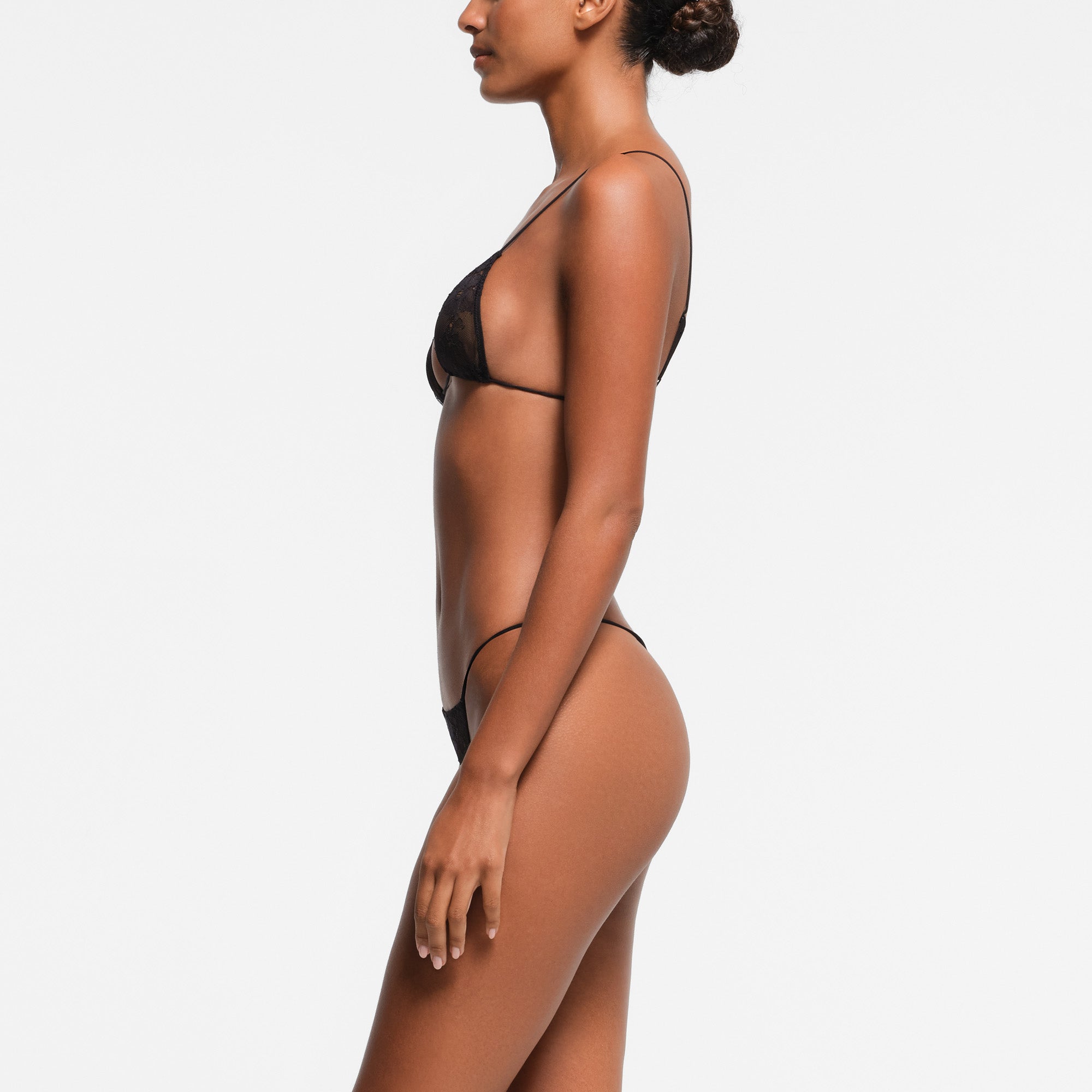 ULTRA FINE LACE MICRO TRIANGLE BRALETTE | ONYX ON A MODEL SIDE VIEW